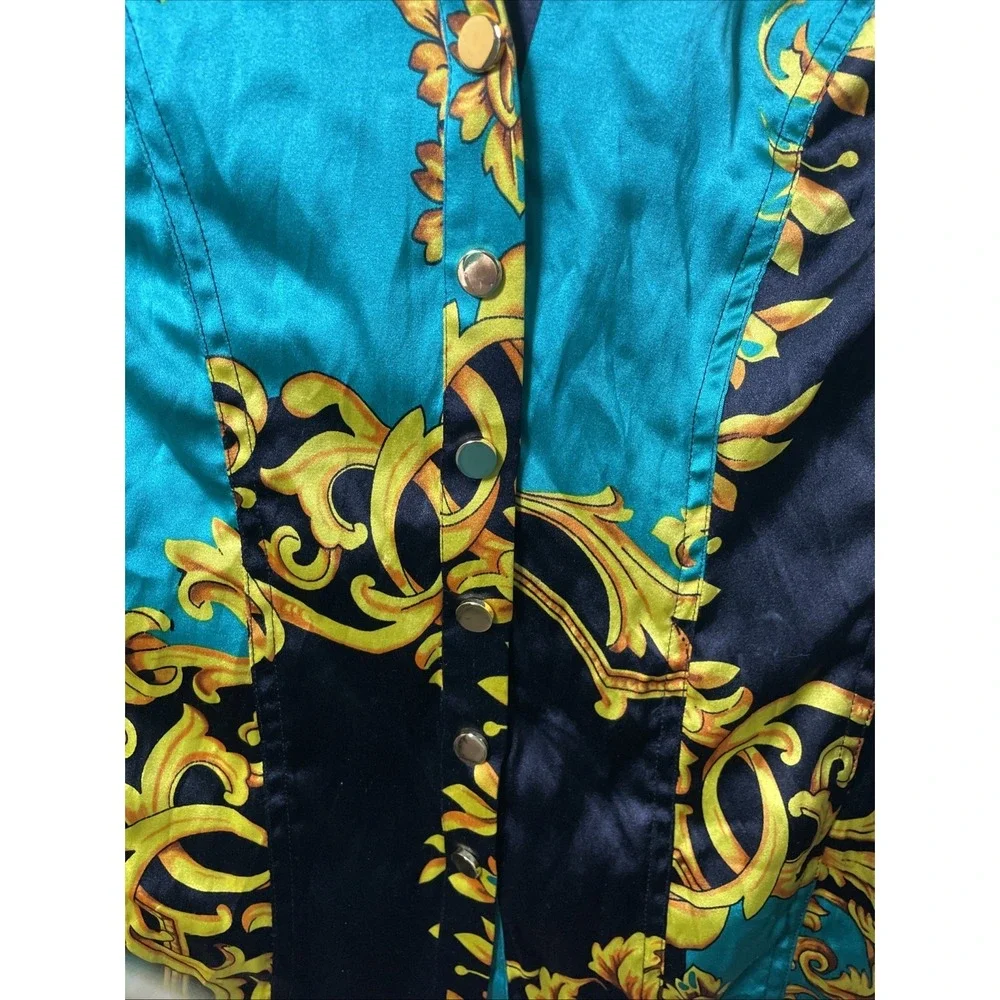 CACHE SILK GOLD BAROQUE  PRINT , BUTTON UP COLLARED SHIRT BLOUSE Women's Size XS